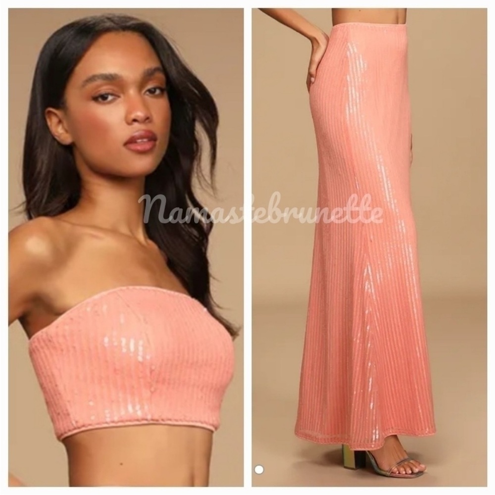 Nwt Lulus Coral Sequin Two Piece Maxi Dress, Formal
